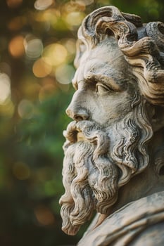 Weathered stone bust with flowing hair and detailed features photo