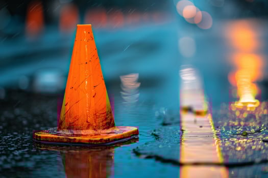 Rainy night traffic cone reflection photo