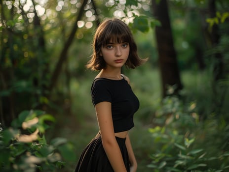 young woman in black dress standing in forest photo