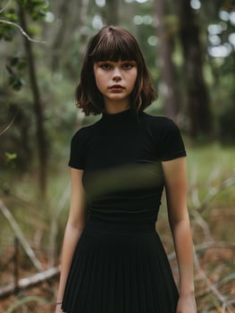 young woman in black dress standing in forest photo