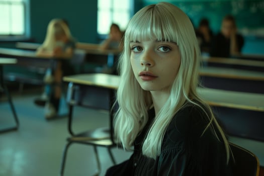 Thoughtful young woman in classroom photo