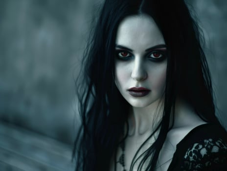 mysterious dark haired woman with intense gaze photo