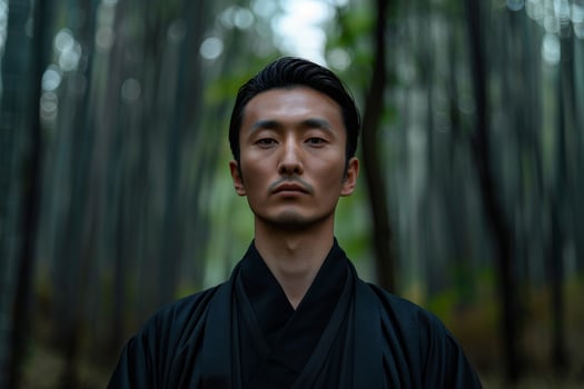 Mysterious asian man in dark clothing in forest photo