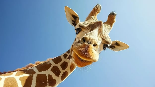 close up of a curious giraffe against a blue sky photo