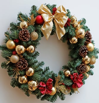 Festive Christmas wreath with golden ornaments and bows photo