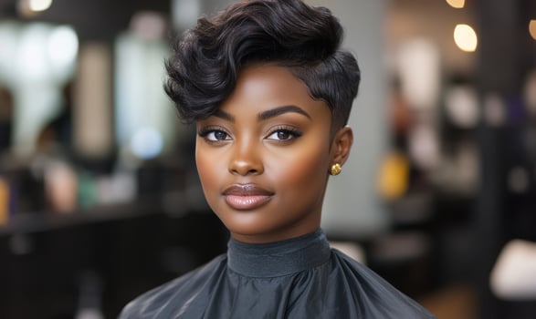 Elegant Black woman receiving a stylish haircut from a hairstylist in a vibrant salon setting photo
