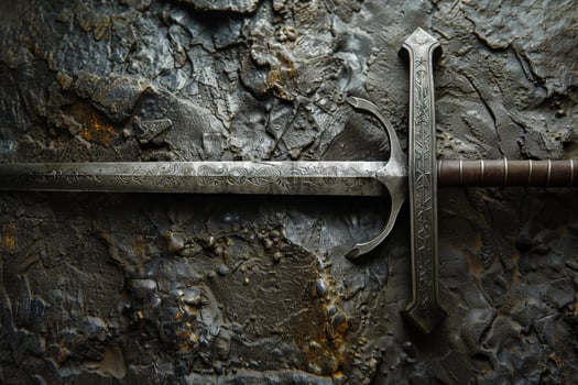 Ornate medieval sword on dark rocky background photo