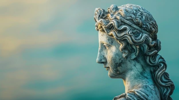 Weathered stone statue against turquoise sky photo