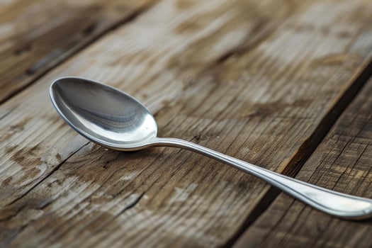 Stainless steel spoon on wooden table photo