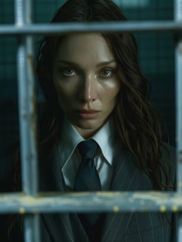 Mysterious woman in business attire looking through bars photo
