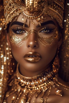 Ornate golden headpiece and makeup on a womans face photo