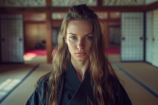 Serious young woman in martial arts uniform photo