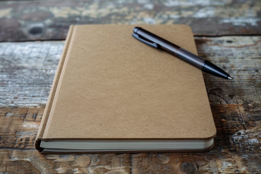 Blank notebook and pen on wooden table photo