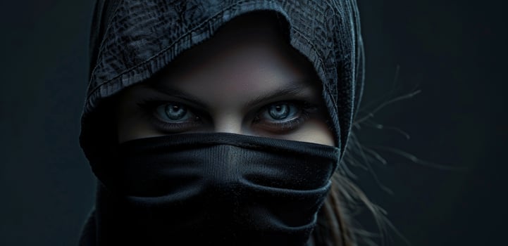 mysterious hooded figure with piercing eyes photo