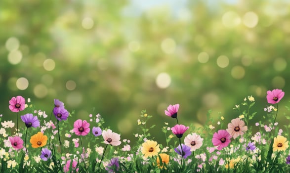 Vibrant spring meadow with wildflowers in pink, purple, yellow, and green photo