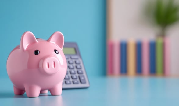 Women managing finances with calculator and piggy bank tax, investment, savings theme blue, pink, green photo