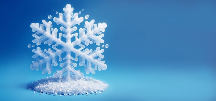 One big beautiful white snowflake set in pile of white snow on blue background with space for text photo