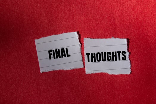 Final thoughts message written on ripped torn paper piece with red background. Conceptual final thoughts symbol. Copy space. photo