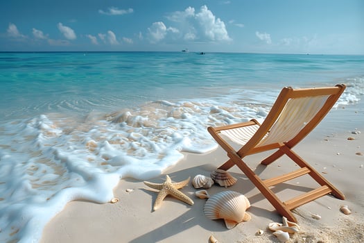 Tropical Beach Relaxation Scene with Chair, Seashells, and Starfish by Azure Sea photo