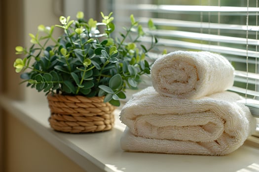 Cozy Bathroom Decor with Soft Towels and Lush Indoor Plant for Relaxation photo