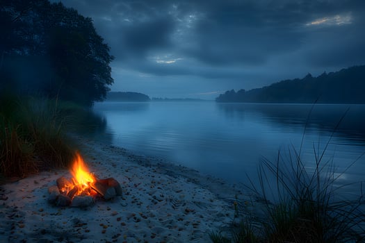 Tranquil Evening by the Lake with Campfire Under Cloudy Sky photo