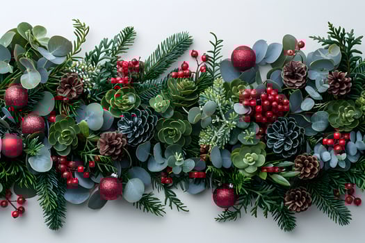 Festive Christmas Garland with Evergreen Foliage and Red Ornaments for Holiday Decor photo
