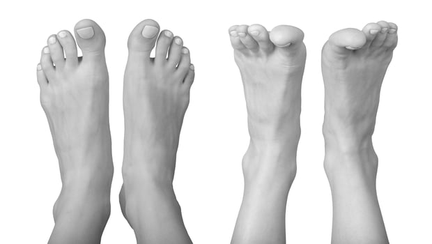 Grayscale bare female feet in a tensed and relaxed front position. Smooth skin, neat nails, and soft photo
