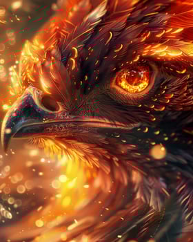 Fiery phoenix bird close up with glowing eyes photo