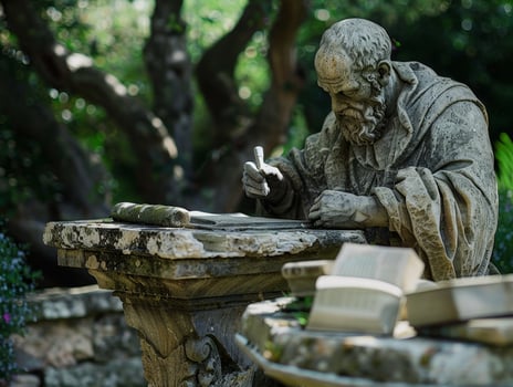 Thoughtful philosopher statue in a serene garden photo