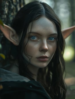 Mysterious young woman with piercing blue eyes in a dark forest photo