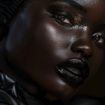 Dramatic close up of a womans face with glittering makeup photo