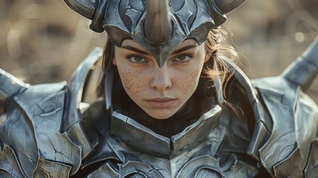 Futuristic warrior woman in armored costume photo