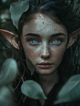 Enchanting forest portrait of a young woman with striking blue eyes and freckles photo