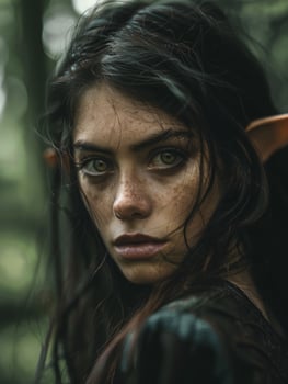 Mysterious woman with intense gaze in the forest photo
