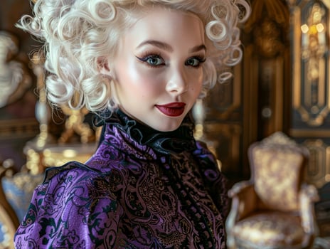 glamorous woman with curly blonde hair and bold makeup photo