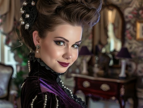 elegant woman in vintage dress and hairstyle photo