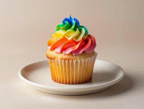 Colorful rainbow cupcake on a white plate photo