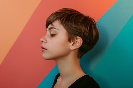 profile view of young woman with short brown hair photo