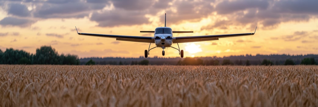 small plane flying over wheat field at sunset photo
