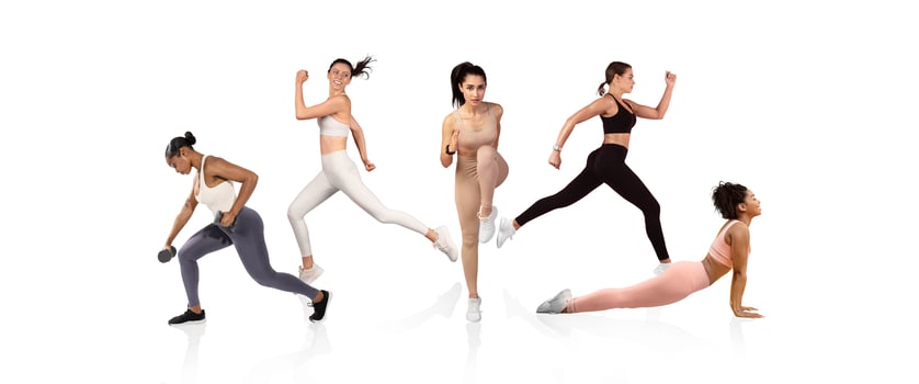 Five women are performing different workouts in a bright space, showcasing strength training, running, and bodyweight exercises to promote fitness and well-being during the day. photo