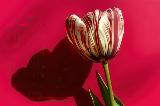 A single tulip with white and red stripes, casting a shadow on a vibrant red background. photo