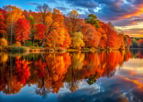 Vibrant autumn forest surrounding a calm lake with stunning reflections, offering a captivating wallpaper background. photo