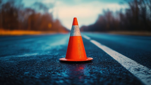 An orange and white traffic cone rests on an asphalt road. photo