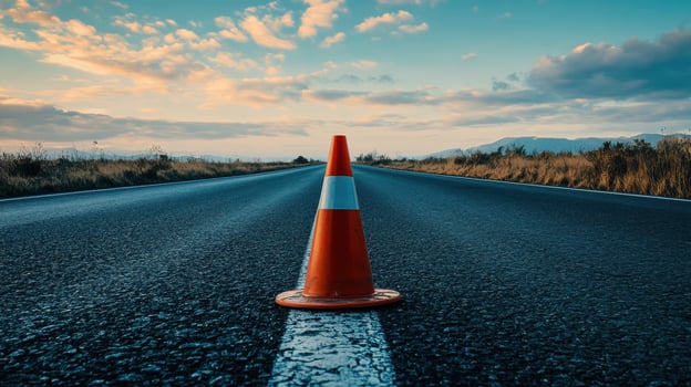 An orange and white traffic cone rests on an asphalt road. photo