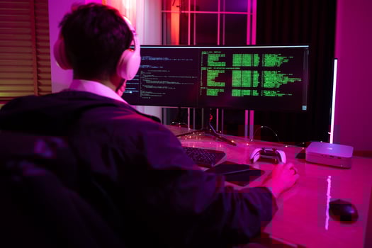 Information technology businessman working on computer at home for digital apps Software development or website design, ux, ui, budding graphic designers with coding projects or online company managem photo
