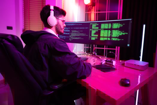 Information technology businessman working on computer at home for digital apps Software development or website design, ux, ui, budding graphic designers with coding projects or online company managem photo