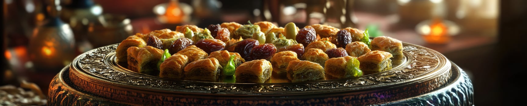 Assortment of Ramadan sweets featuring baklava on decorative platter for festive celebrations photo