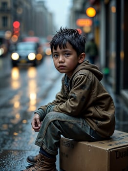 Homeless Child Sitting Lost Forgotten and Lonely on Sidewalk on a Rainy Day photo