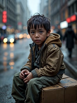 Homeless Child Sitting Lost Forgotten and Lonely on Sidewalk on a Rainy Day photo