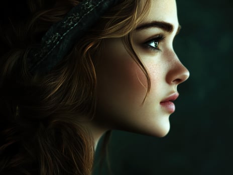 Portrait of a young woman with soft features and flowing hair photo